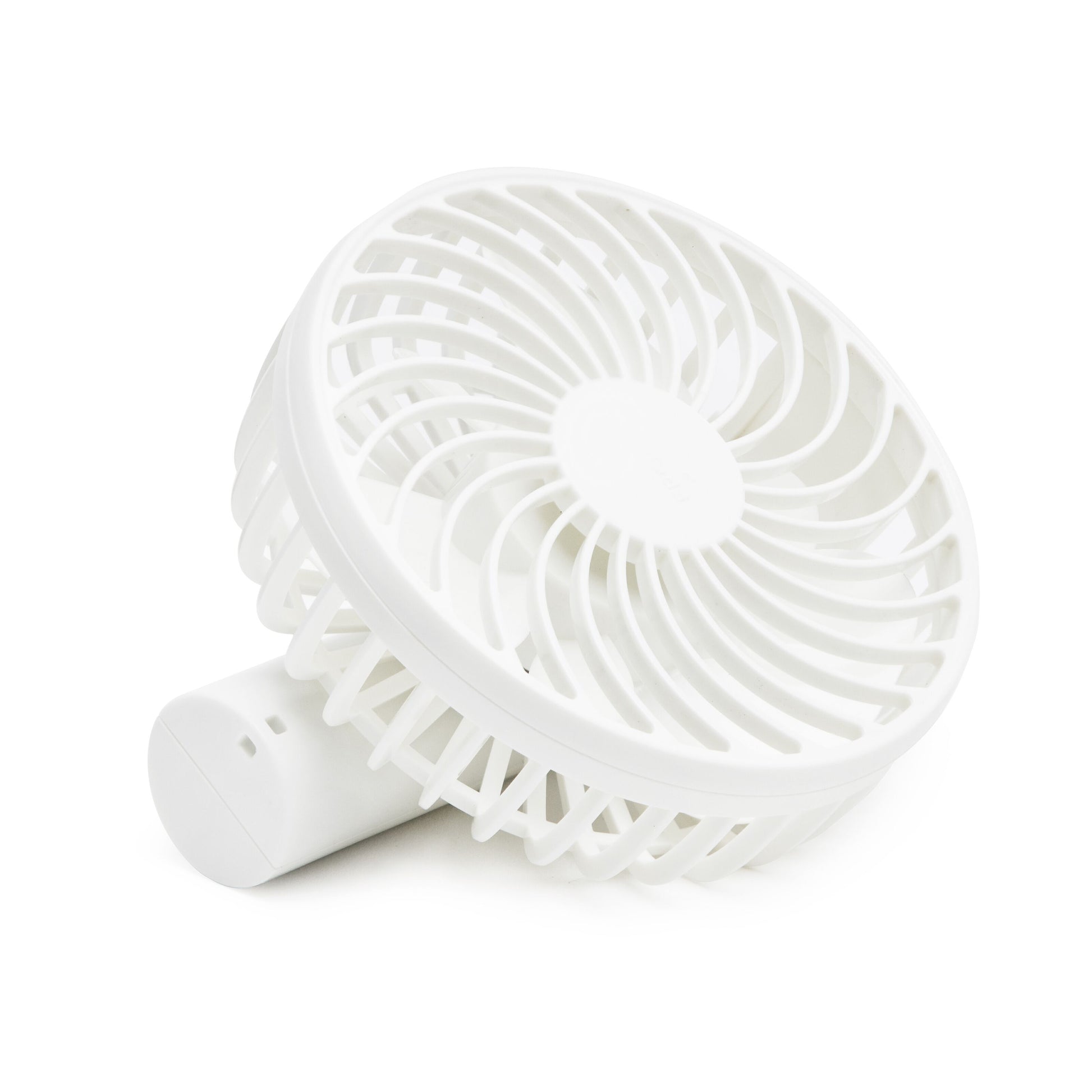 Rubicson bærbar ventilator med genopladeligt batteri, USB-C-opladning, rundt gitter og cylinderformet fod.