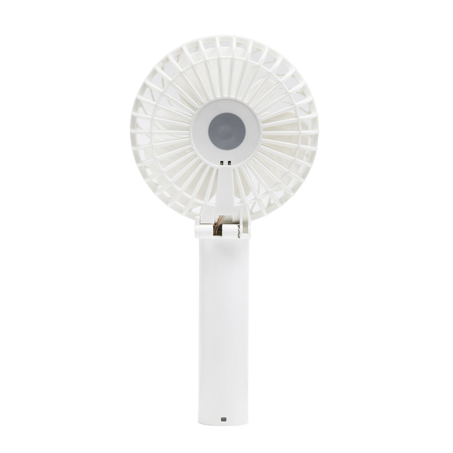 Bærbar ventilator, hvid, rundt gitter, cylindrisk håndtag, USB-C-opladning, genopladeligt batteri.