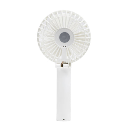 Bærbar ventilator, hvid, rundt gitter, cylindrisk håndtag, USB-C-opladning, genopladeligt batteri.