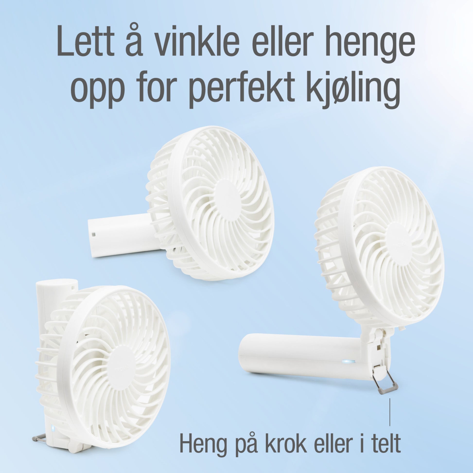 Tre bærbare ventilatorer med genopladeligt batteri, kan vinkles eller hænges, USB-C-opladning, lyseblå baggrund.