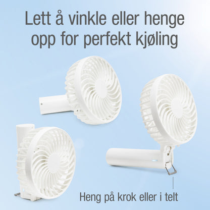 Tre bærbare ventilatorer med genopladeligt batteri, kan vinkles eller hænges, USB-C-opladning, lyseblå baggrund.