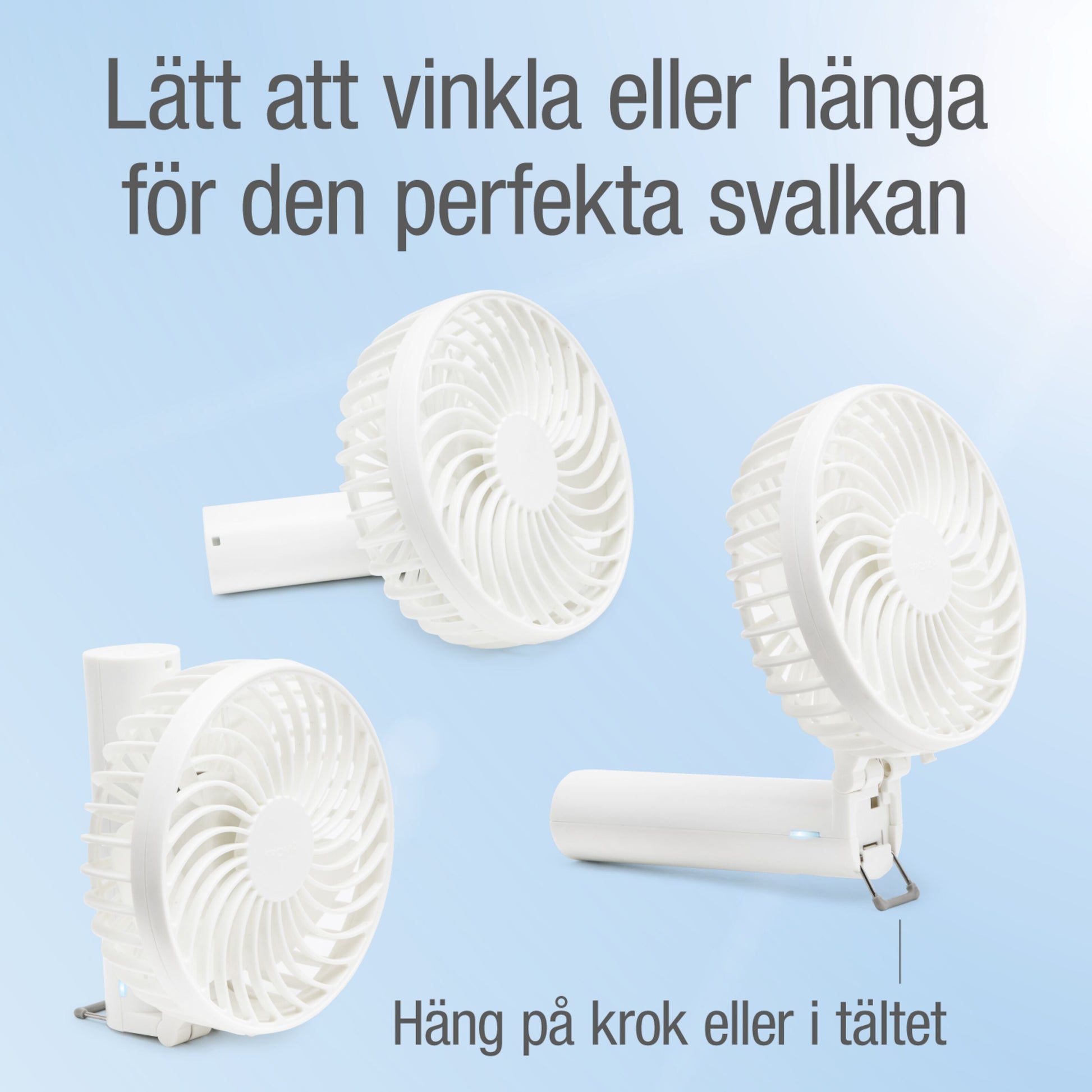 Bærbar ventilator med genopladeligt batteri og USB-C-opladning, én vinklet opad, én nedad, én set fra siden.