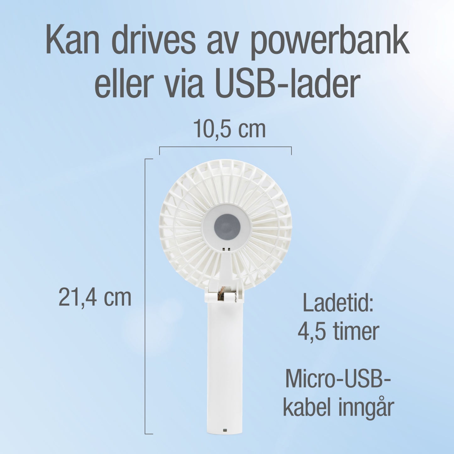 Rubicson bærbar ventilator hvid 10,5x21,4 cm genopladeligt batteri USB-C/powerbank opladning micro-USB medfølger.