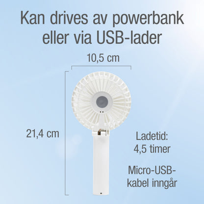 Rubicson bærbar ventilator hvid 10,5x21,4 cm genopladeligt batteri USB-C/powerbank opladning micro-USB medfølger.