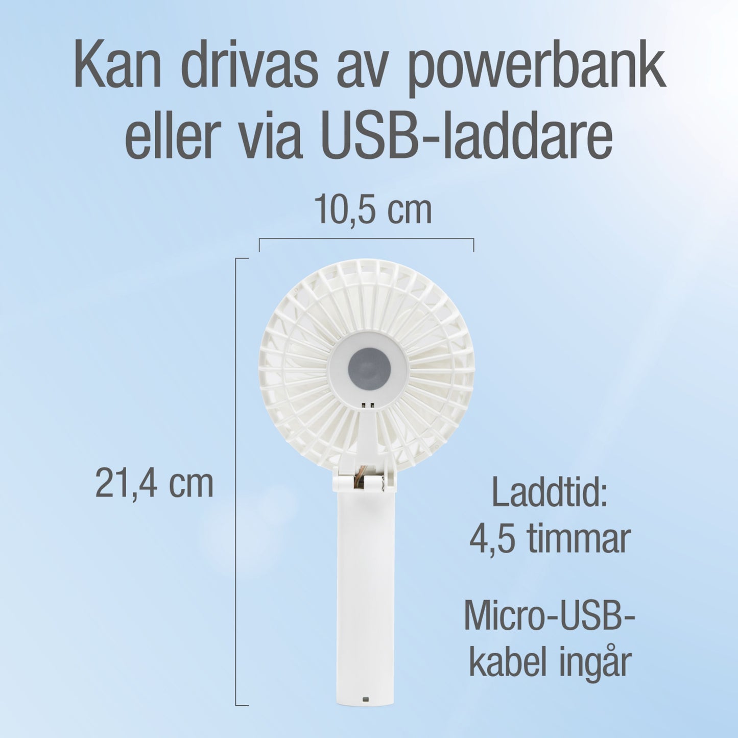 Bærbar ventilator, genopladeligt batteri, 10,5x21,4 cm, oplades via USB-C eller powerbank, micro-USB kabel inkl.