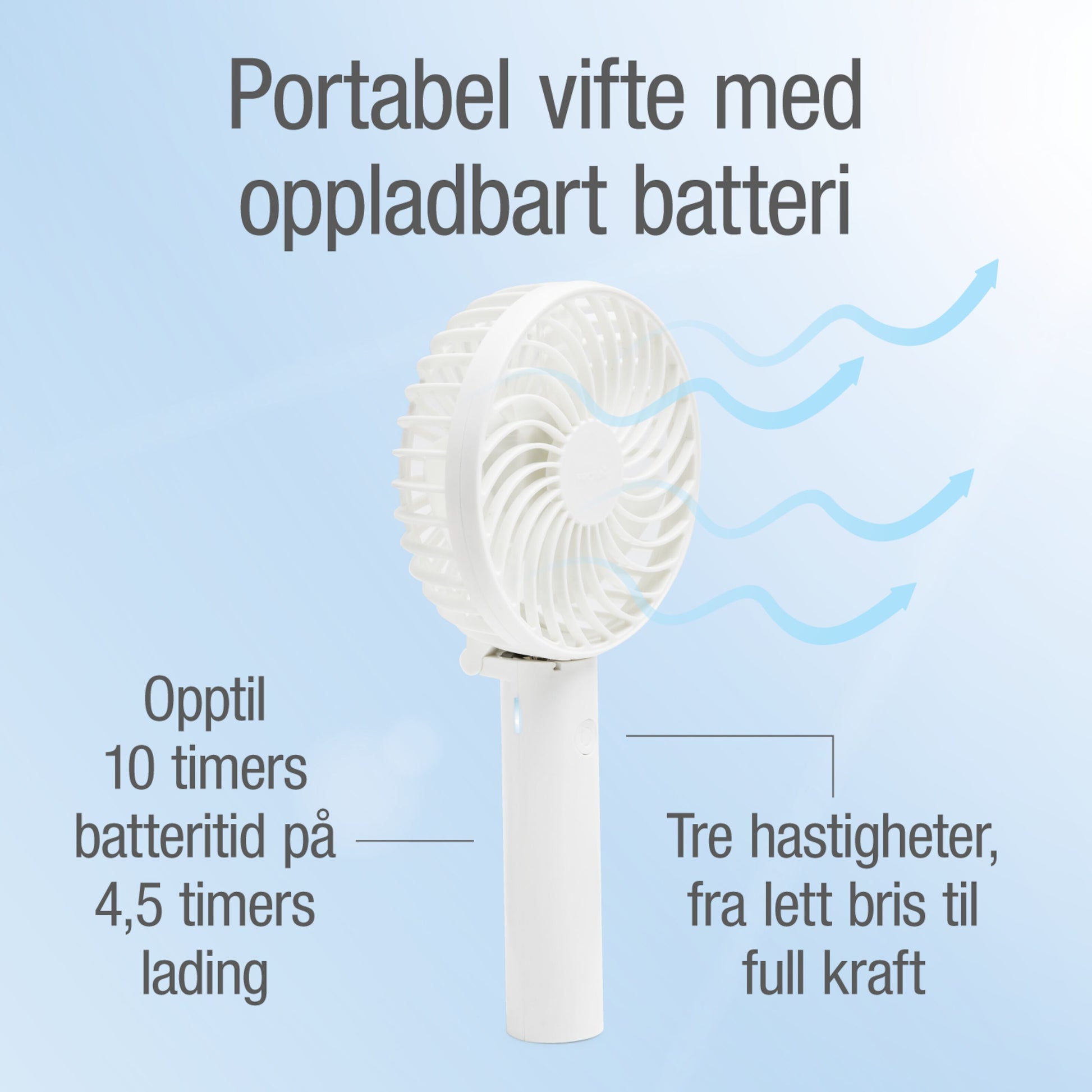 Bærbar ventilator med genopladeligt batteri, op til 10 t drift, oplades via USB-C 4,5 t, tre hastigheder.