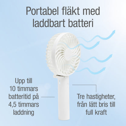 Rubicson bærbar ventilator, genopladeligt batteri, blå luftstrømme, op til 10 timer brug, tre hastigheder.