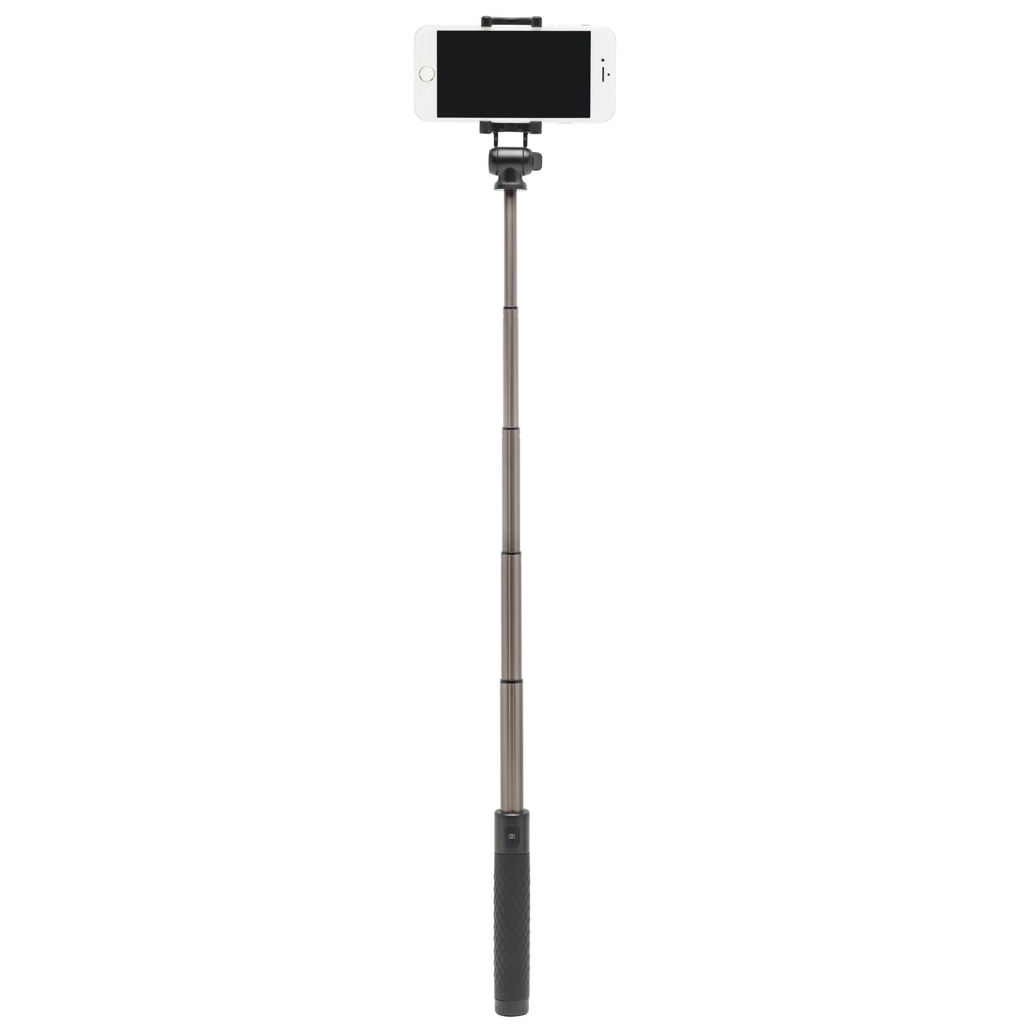 Linocell Selfiestang med sort håndtag, Bluetooth-udløser, holder smartphone vandret til brede billeder og grupper.