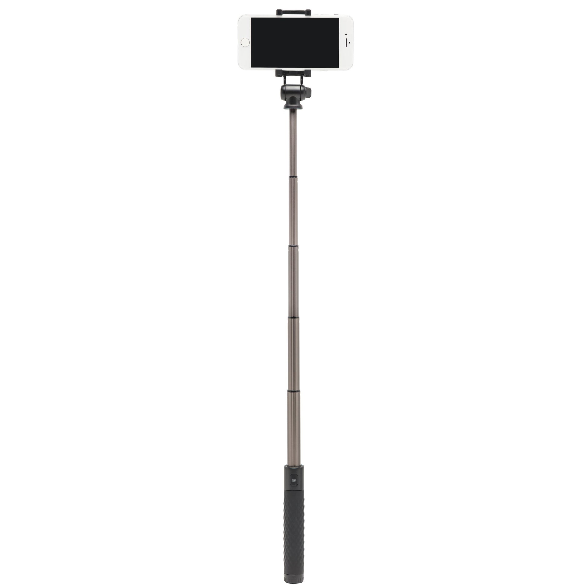 Linocell Selfiestang med sort håndtag, Bluetooth-udløser, holder smartphone vandret til brede billeder og grupper.