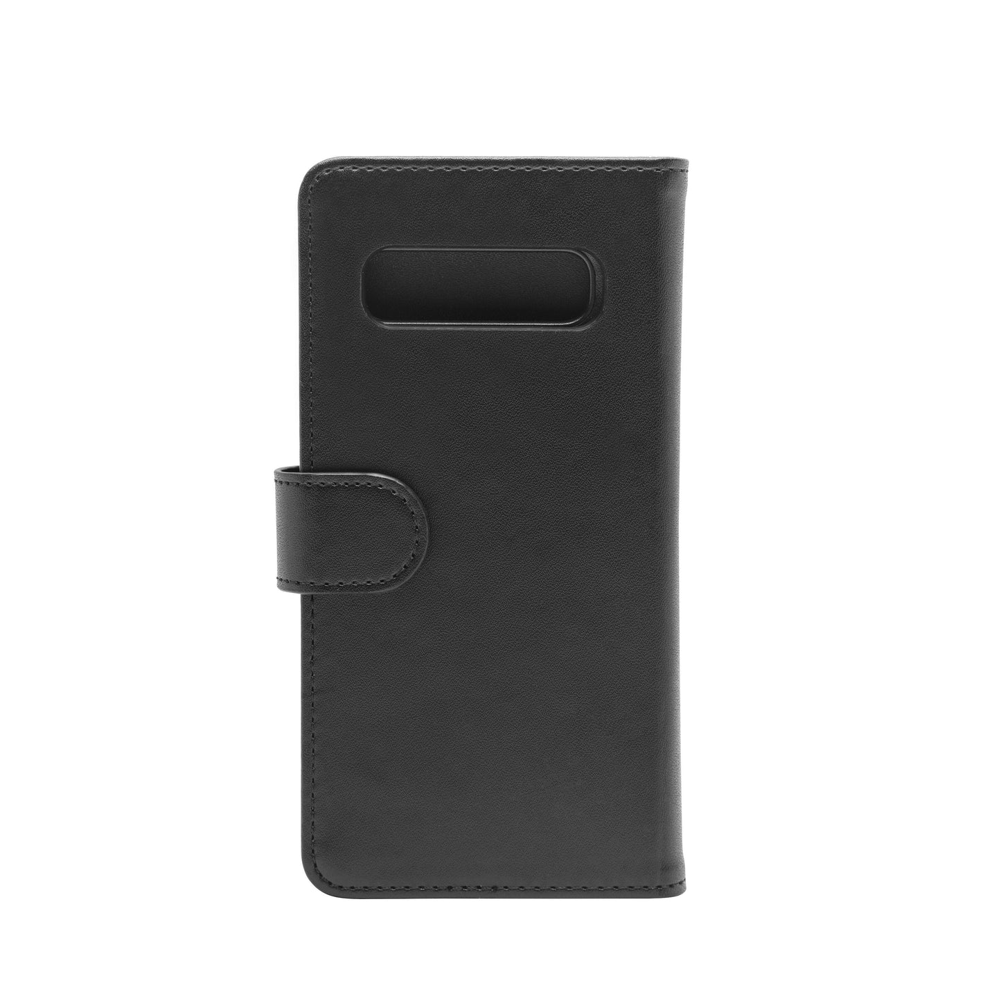 Magnetisk mobilpung til Galaxy S10 sort folioetui med magnetlås, kamerahul og synlige sømmer set bagfra.