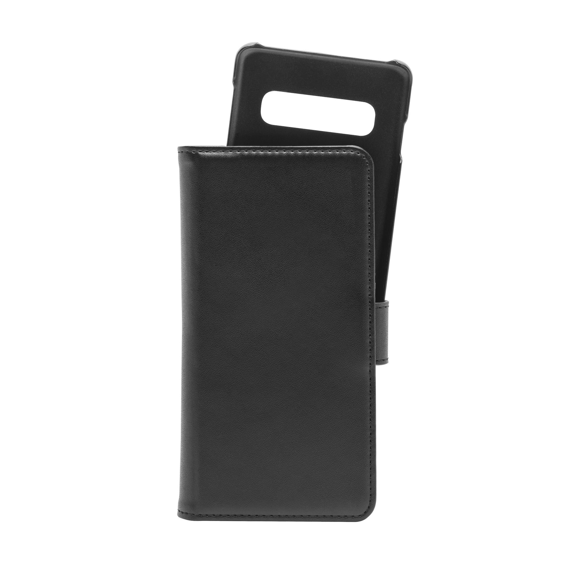 Linocell magnetisk mobilpung til Galaxy S10 sort læderetui med magnetlukning åbent design og delvist udtrækkeligt plastikhylster.