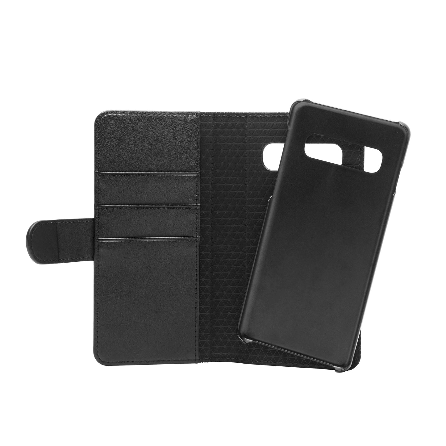 Sort Galaxy S10 pungcover med kortlommer til venstre og aftageligt telefonholder til højre, designet til Galaxy S10.