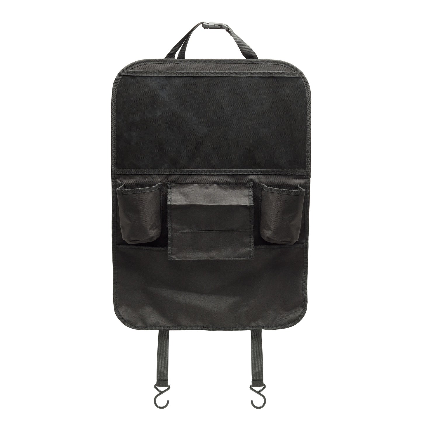 Linocell Praktisk holder til tablet og gadgets er en sort autostol-organizer fra Linocell med flere opbevaringslommer, tabletholder, justerbare stropper, kroge i bunden og sparkebeskyttelse for ekstra beskyttelse.