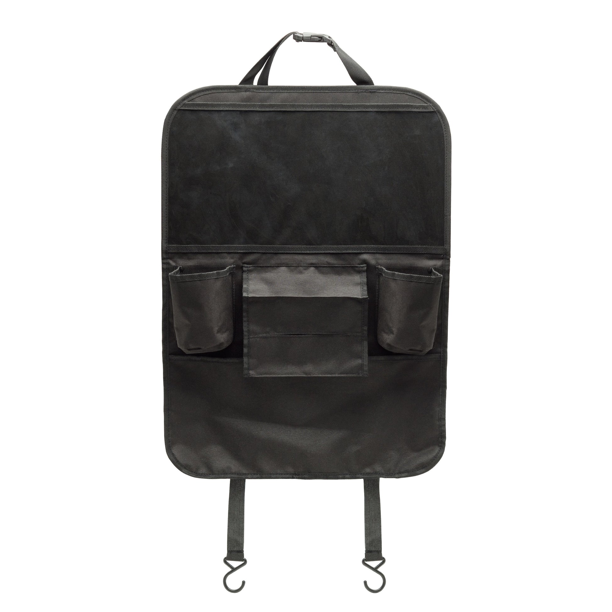 Linocell Praktisk holder til tablet og gadgets er en sort autostol-organizer fra Linocell med flere opbevaringslommer, tabletholder, justerbare stropper, kroge i bunden og sparkebeskyttelse for ekstra beskyttelse.