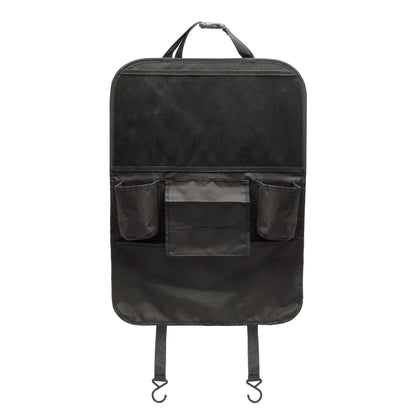 Linocell Praktisk holder til tablet og gadgets er en sort autostol-organizer fra Linocell med flere opbevaringslommer, tabletholder, justerbare stropper, kroge i bunden og sparkebeskyttelse for ekstra beskyttelse.