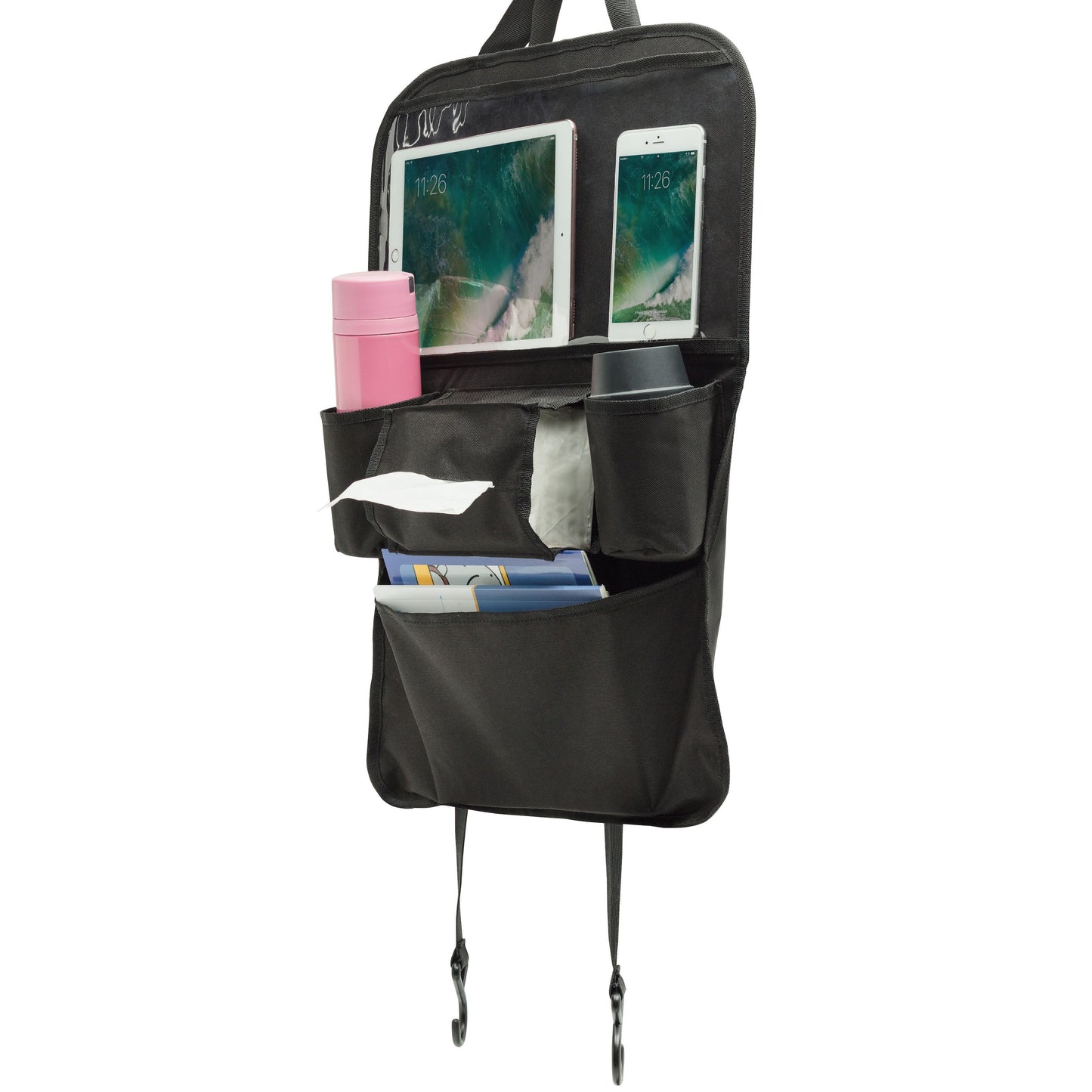 Linocell Praktisk holder til tablet og gadgets fra Linocell er en sort autostol-organizer med opbevaringslomme og sparkebeskyttelse, der har lommer til to tablets, kopper, lommetørklæder, magasiner og hænger sikkert via stropper og kroge.