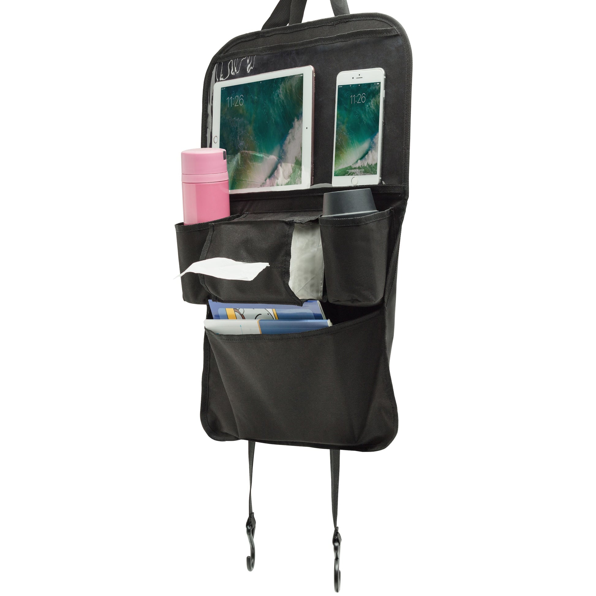 Linocell Praktisk holder til tablet og gadgets fra Linocell er en sort autostol-organizer med opbevaringslomme og sparkebeskyttelse, der har lommer til to tablets, kopper, lommetørklæder, magasiner og hænger sikkert via stropper og kroge.