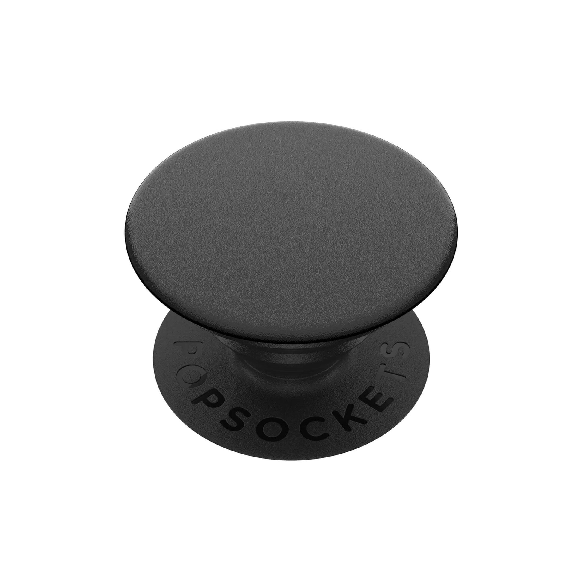 Popsockets aftageligt mobilgreb Sort, sort cirkulær top med "PopSockets"-logo præget ved basen.