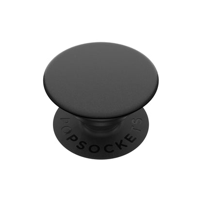 Popsockets aftageligt mobilgreb Sort, sort cirkulær top med "PopSockets"-logo præget ved basen.