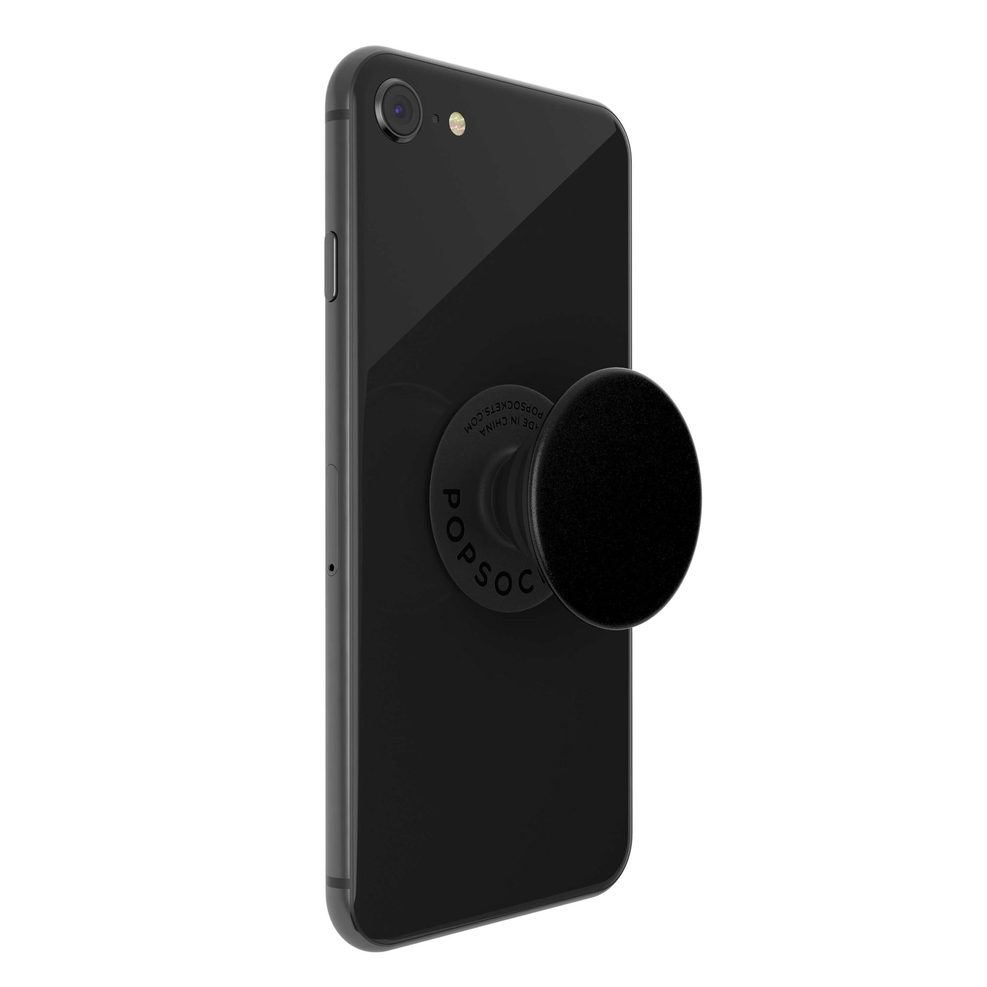 Sort smartphone med Popsockets Aftageligt greb til mobil, sort, monteret bagpå, let vinklet mod venstre.