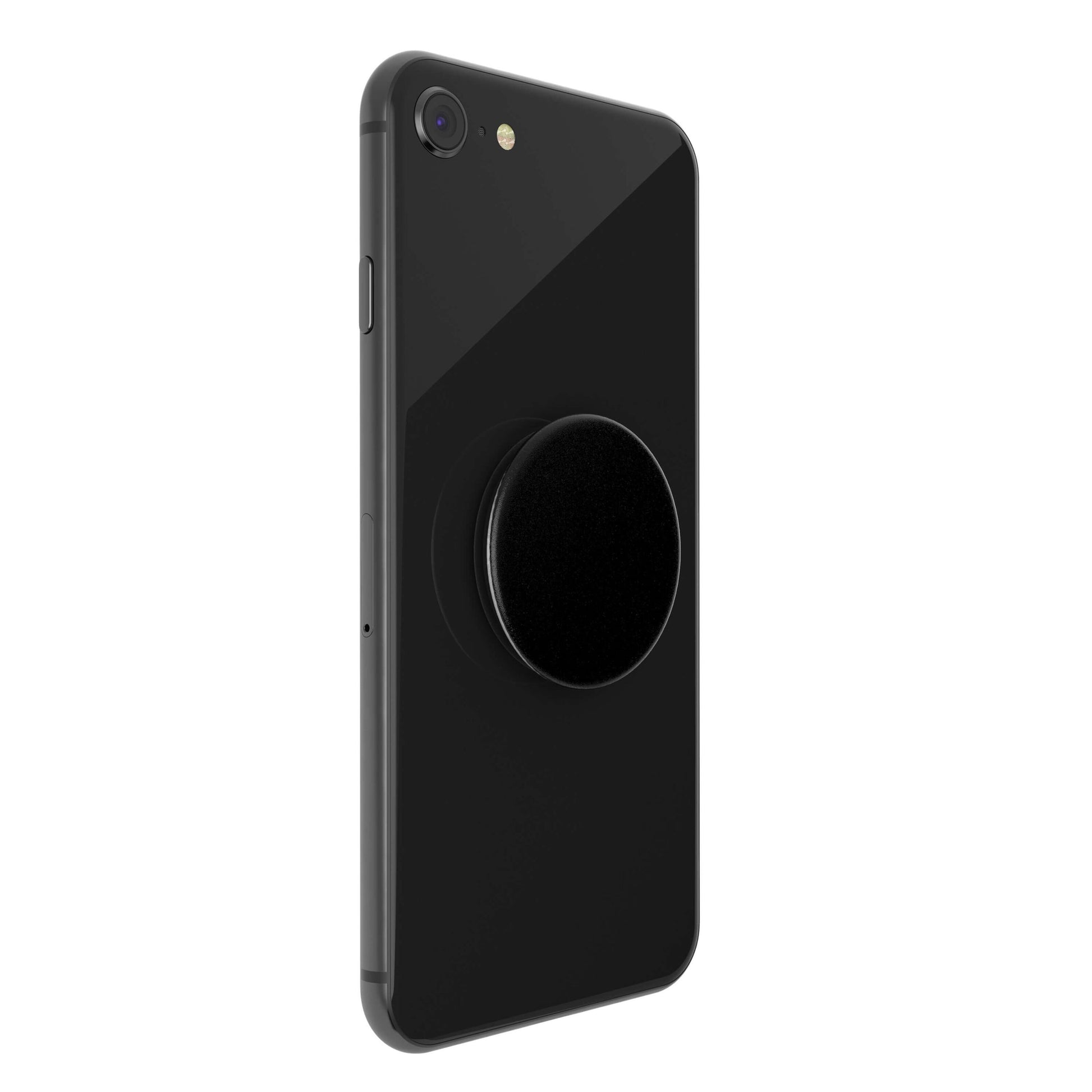 Sort smartphone med Popsockets aftageligt greb til mobil i sort på bagsiden, kamera og greb synlige fra skrå vinkel.