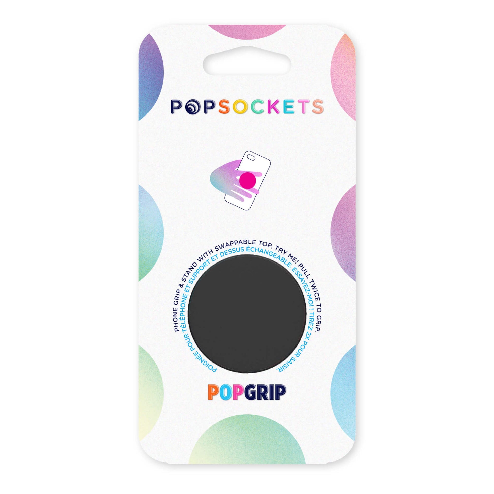 Popsockets aftageligt sorterer mobilgreb og stander på farverigt gradientkort.