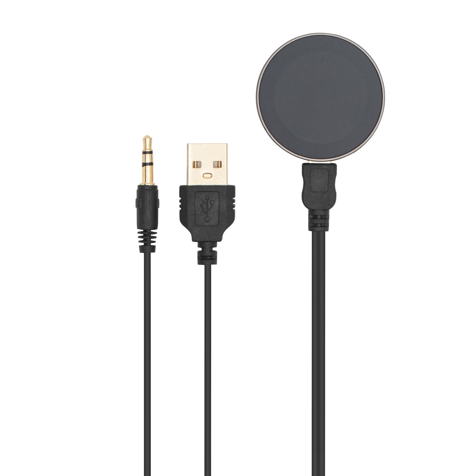 Linocell Bluetooth-modtager og håndfri sort kabel med 3,5 mm jack, USB-A stik og magnetisk opladeplade.