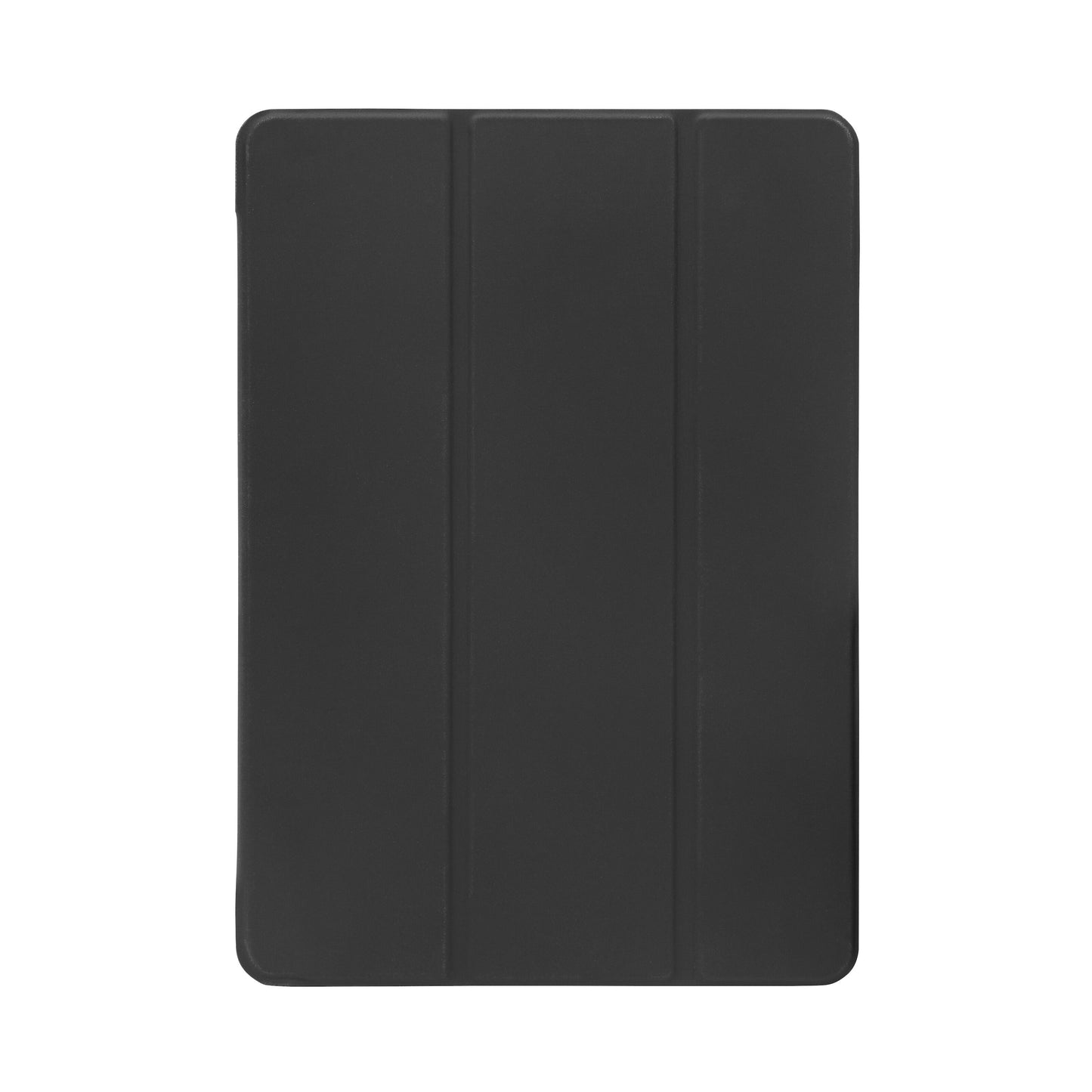 Sort Linocell Tre-delt etui med tre lodrette folder, vist lukket oppefra, passer til 9,7" iPad modeller.