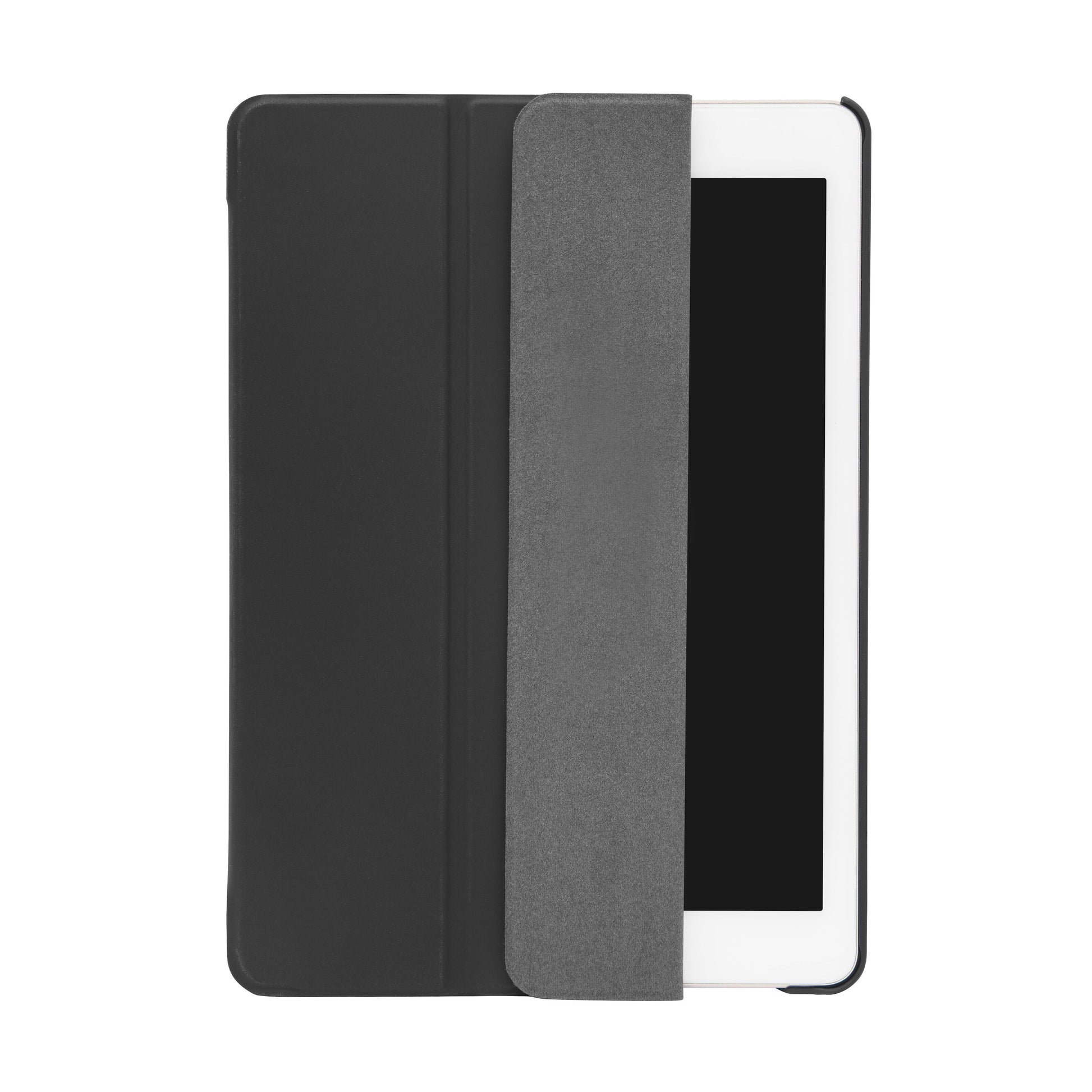 IPad 9 delvist dækket af sort/grå tre-delt folio etui til iPad 9,7" serien, cover let åbent, set ovenfra.