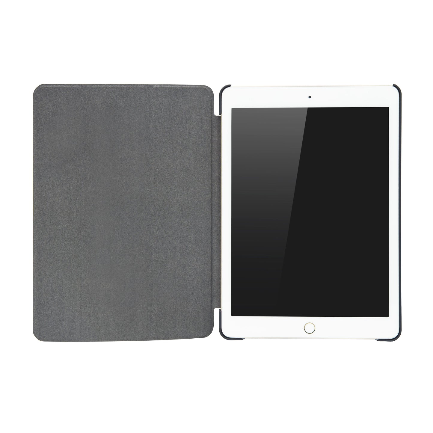 IPad 9,7" hvid med sort skærm i sort tredelt cover til iPad 9,7"-serien, vises åben og fladt.