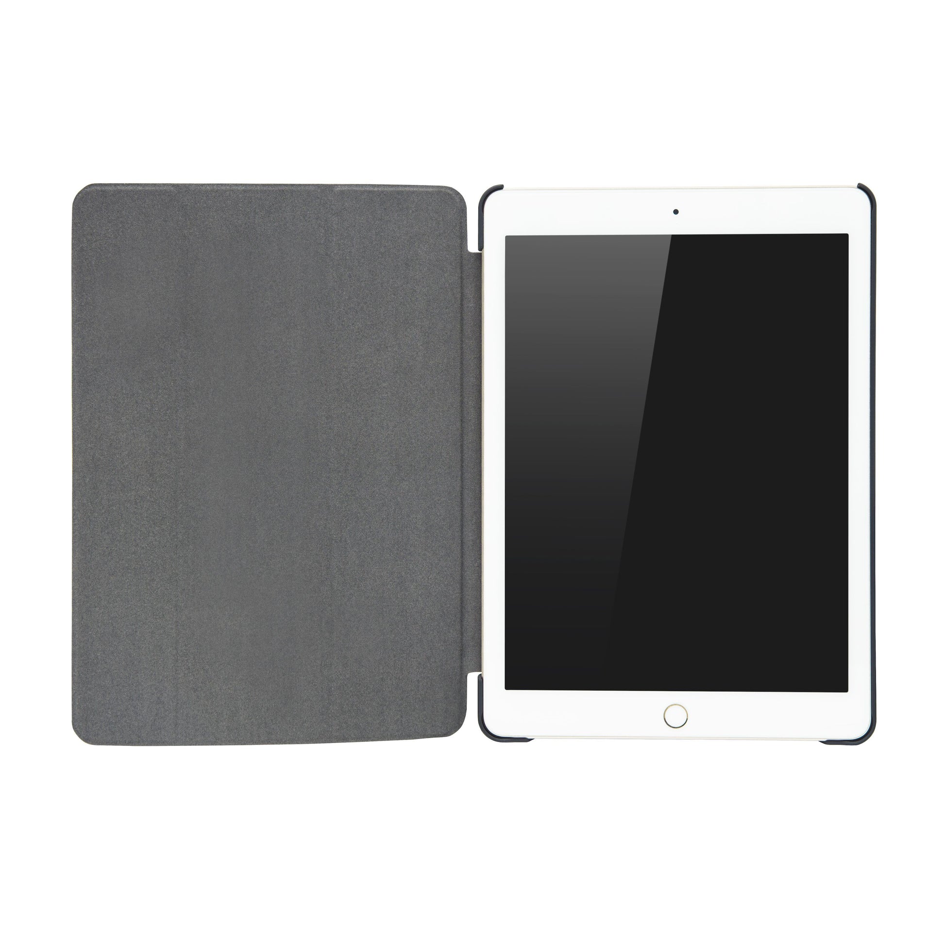 IPad 9,7" hvid med sort skærm i sort tredelt cover til iPad 9,7"-serien, vises åben og fladt.