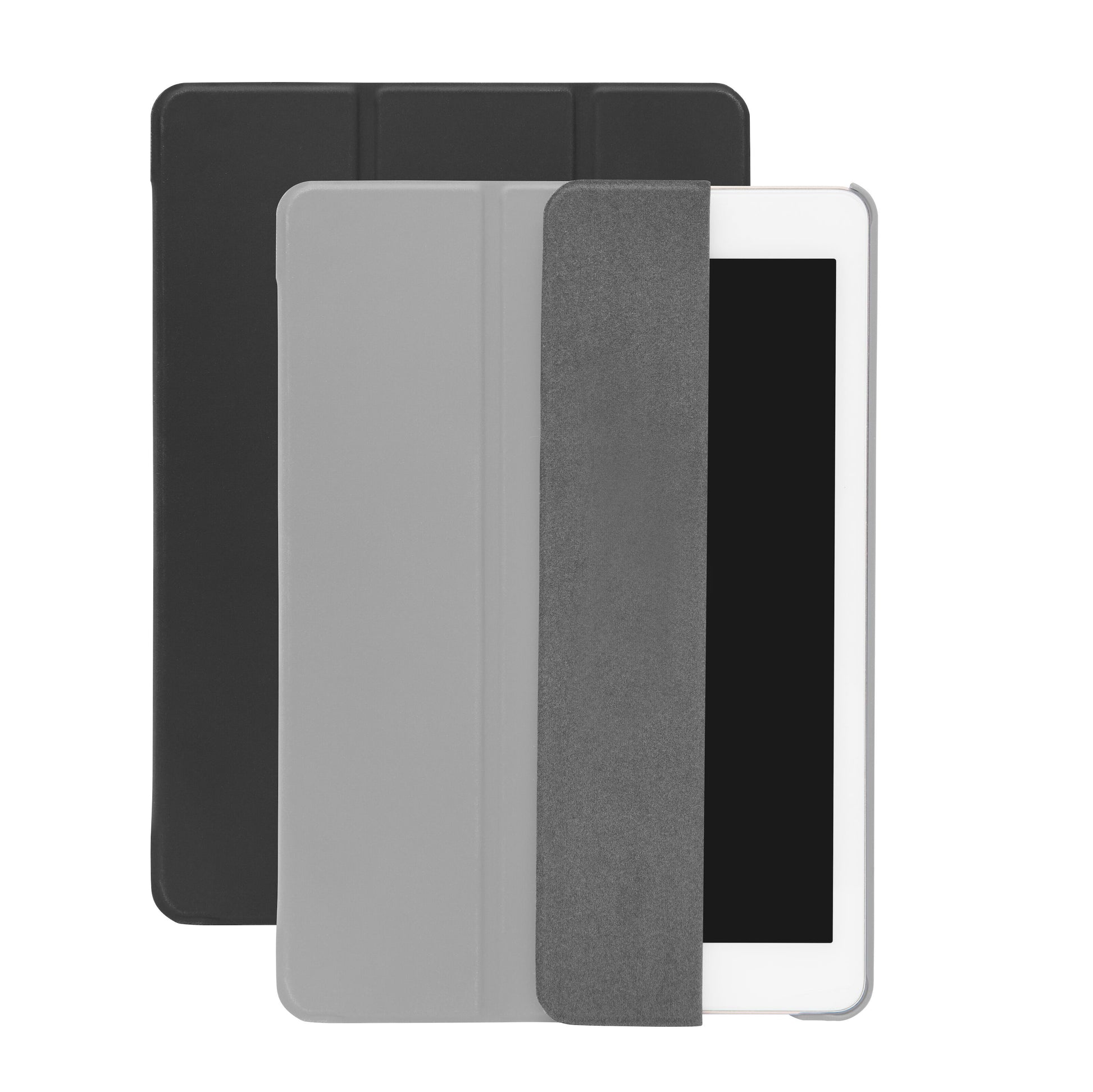 IPad 9,7'' med hvid ramme delvist dækket af gråt cover, sort Linocell tre-delt etui synligt bagved.