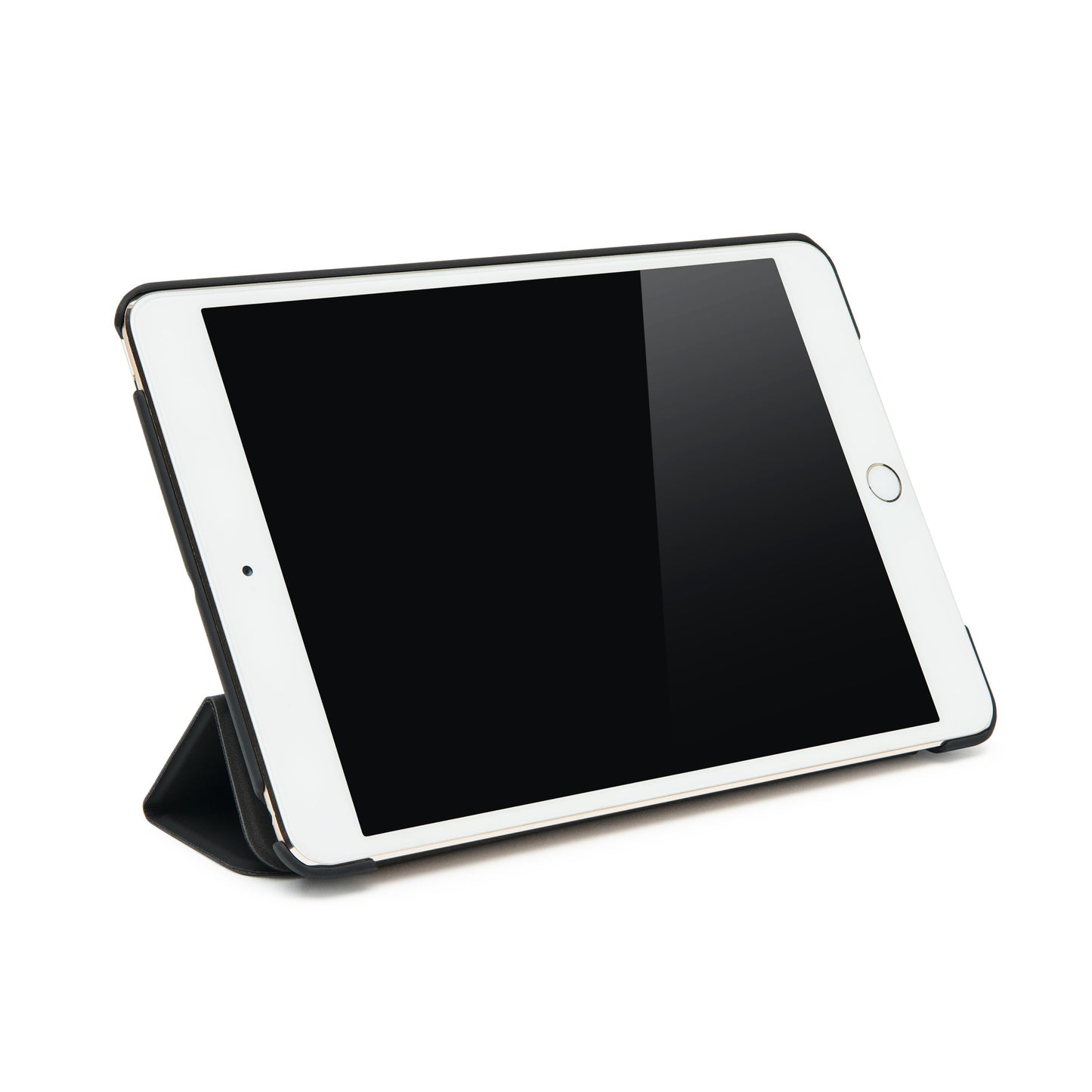 IPad Mini 5 i landscape med skærmen slukket, hjemknap til højre i tre-lags sort etui til iPad Mini 4 og 5.