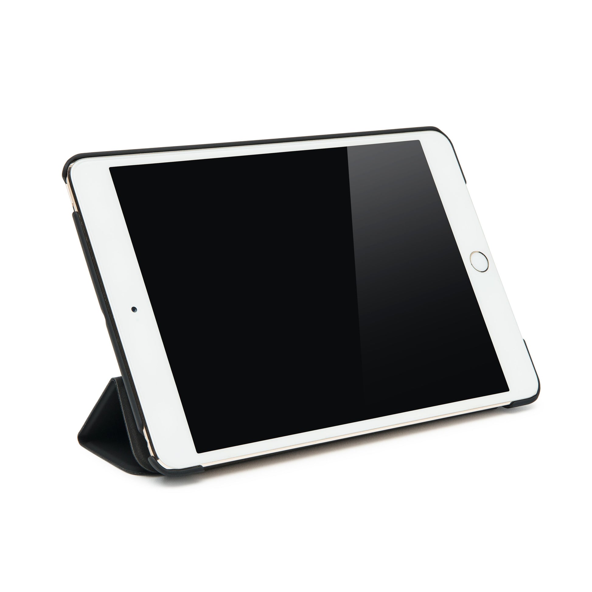 IPad Mini 5 i landscape med skærmen slukket, hjemknap til højre i tre-lags sort etui til iPad Mini 4 og 5.