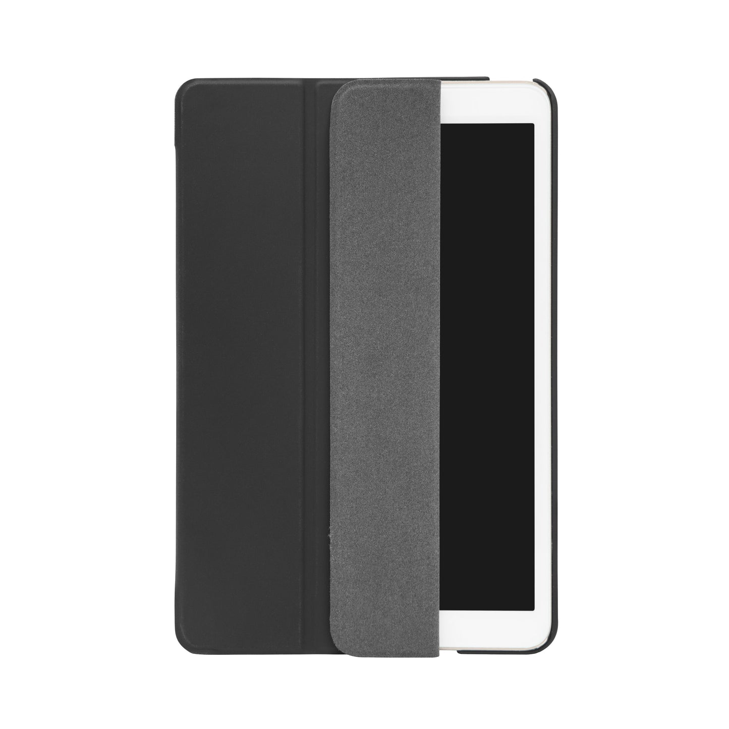 Linocell tre-lags sort/gråt etui til iPad Mini 4/5, delvist åbent og viser skærmen.
