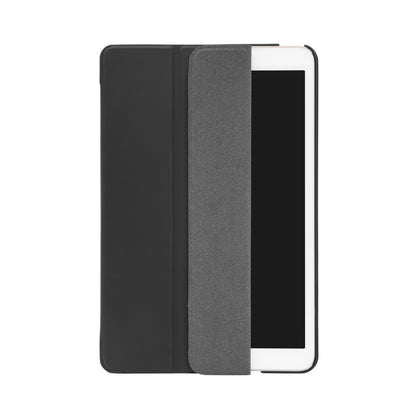 Linocell tre-lags sort/gråt etui til iPad Mini 4/5, delvist åbent og viser skærmen.