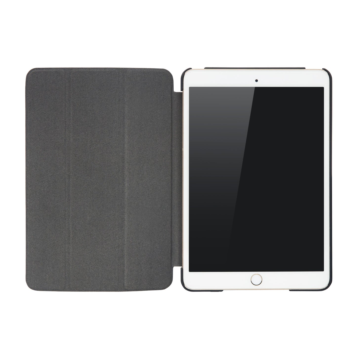 IPad Mini 4/5 i sort tre-lags etui, åben med sort cover til venstre og hvid tablet med sort skærm til højre.