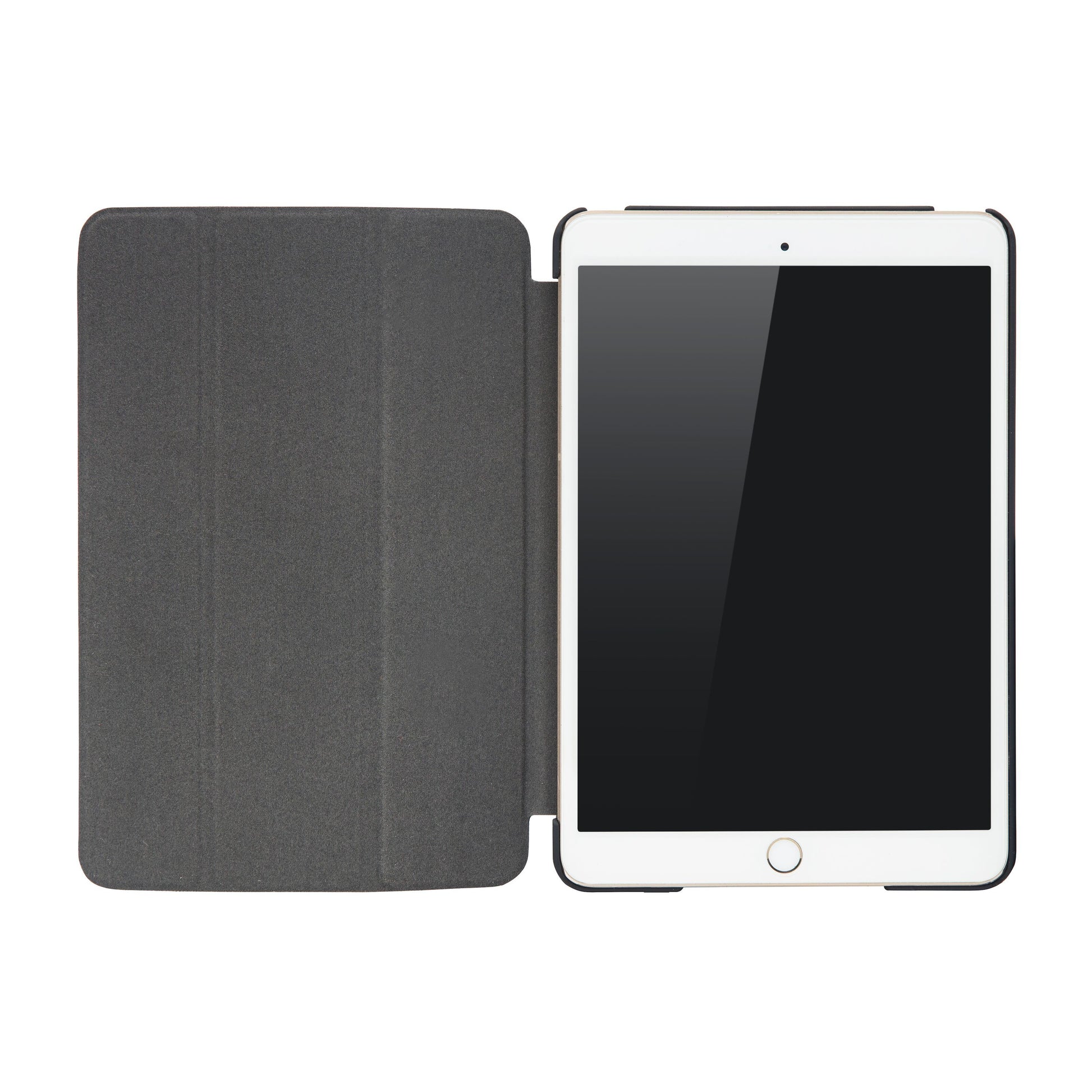 IPad Mini 4/5 i sort tre-lags etui, åben med sort cover til venstre og hvid tablet med sort skærm til højre.