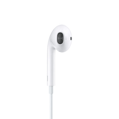 Apple EarPods med Lightning-stik, hvid, højre øretelefon med afrundet form og synligt højtalergitter.