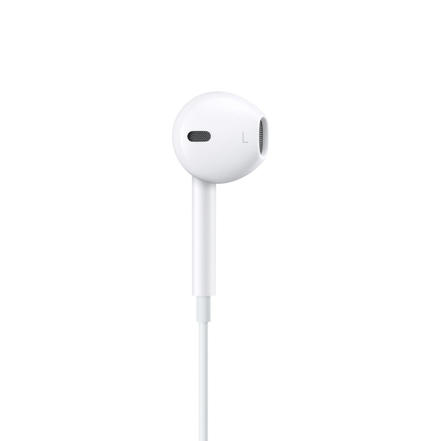 Apple EarPods med Lightning-stik, hvid, rund udformning, lille højtalergrill synlig.