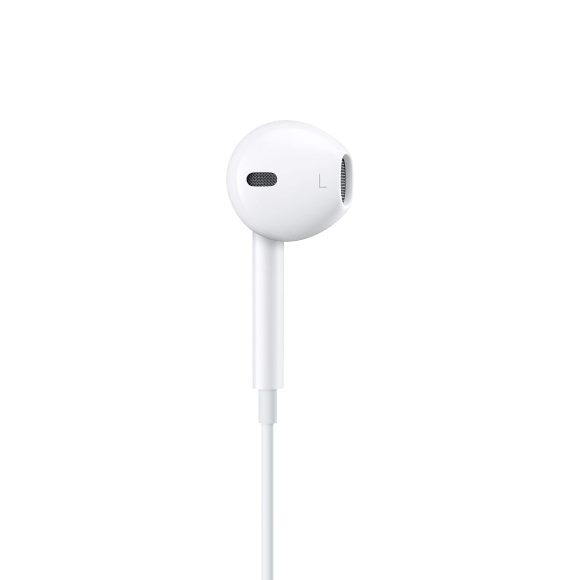 Apple EarPods med Lightning-stik, hvid, rund udformning, lille højtalergrill synlig.