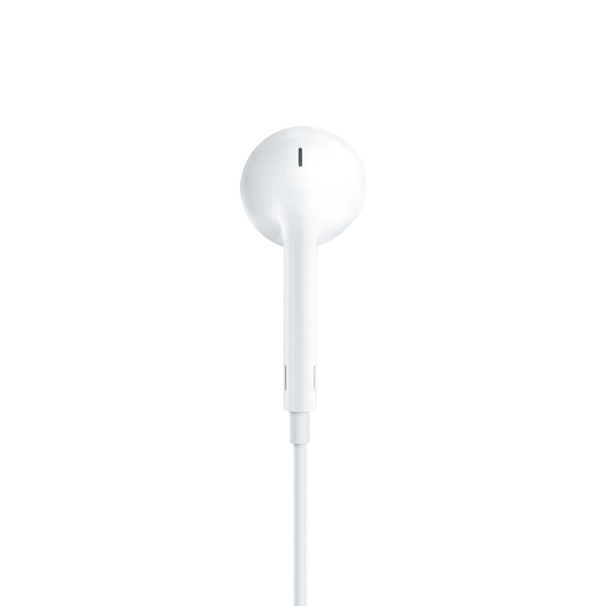 Apple EarPods med Lightning-stik, frontvisning, hvid farve, ledning hænger lodret ned.