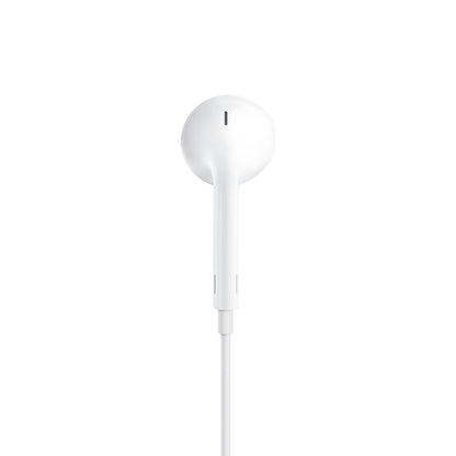 Apple EarPods med Lightning-stik, frontvisning, hvid farve, ledning hænger lodret ned.