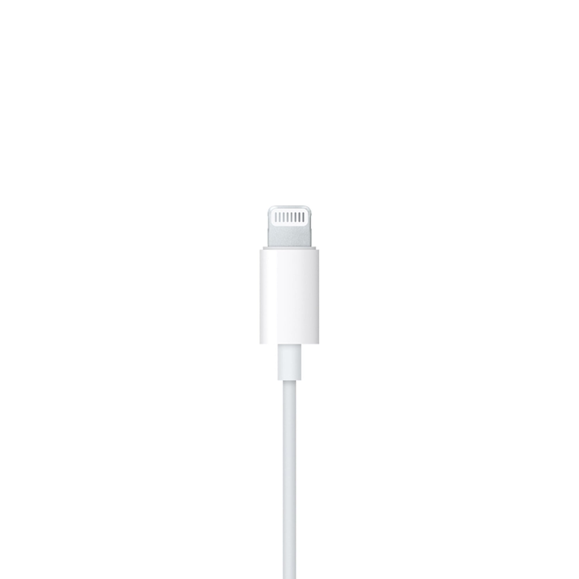Apple EarPods med Lightning-stik, vises med stikket opad, hvid model, passer til Lightning-kompatible enheder.