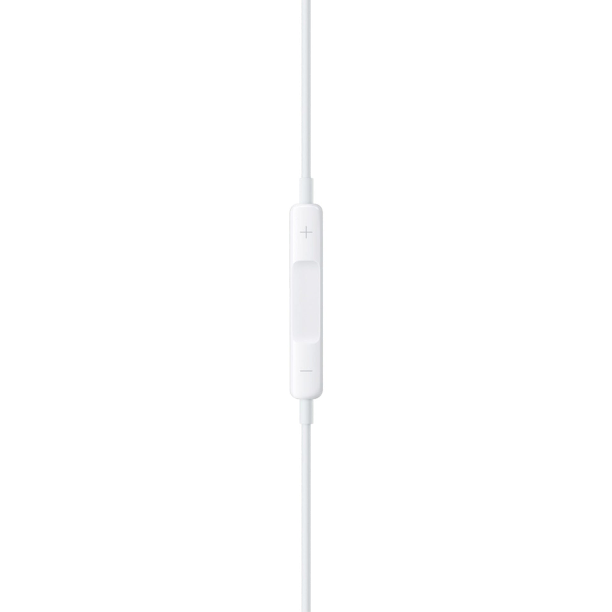 Apple EarPods med Lightning-stik, hvide øretelefoner med inline fjernbetjening og tre knapper til lydstyrke og afspilning.
