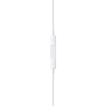 Apple EarPods med Lightning-stik, hvide øretelefoner med inline fjernbetjening og tre knapper til lydstyrke og afspilning.