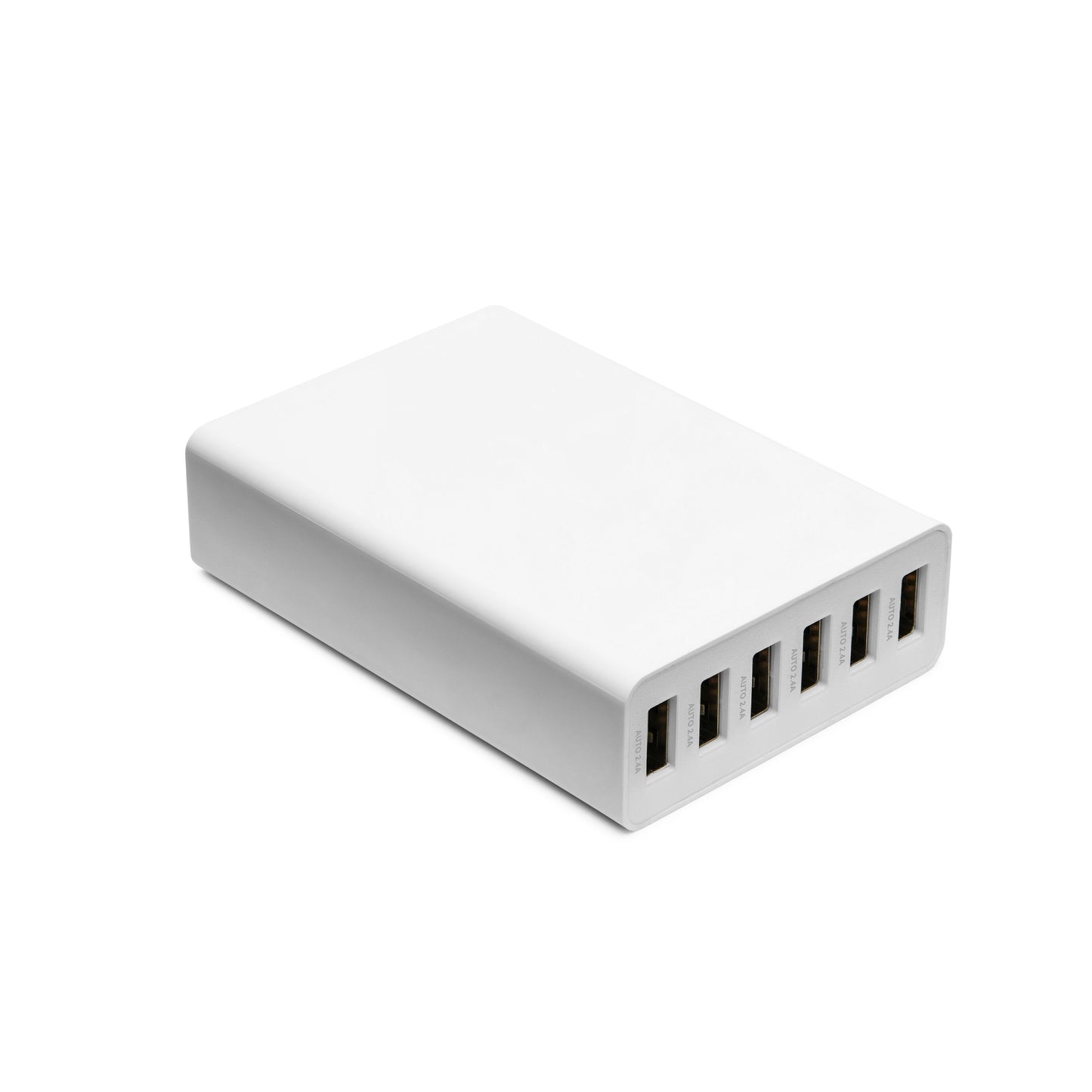 Linocell USB-opladestation 6 porte hvid, rektangulær med seks USB-porte placeret på den ene ende.