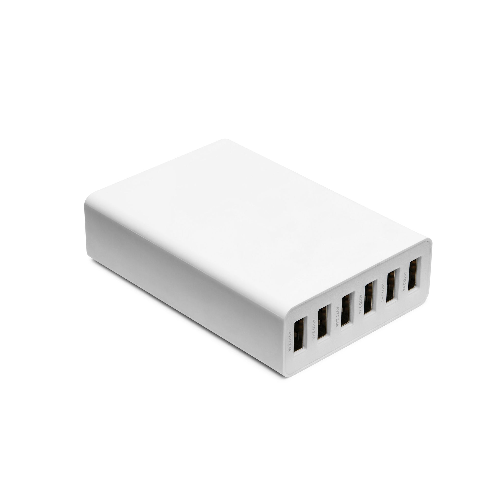 Linocell USB-opladestation 6 porte hvid, rektangulær med seks USB-porte placeret på den ene ende.