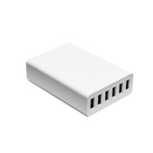 Linocell USB-opladestation 6 porte hvid, rektangulær med seks USB-porte placeret på den ene ende.