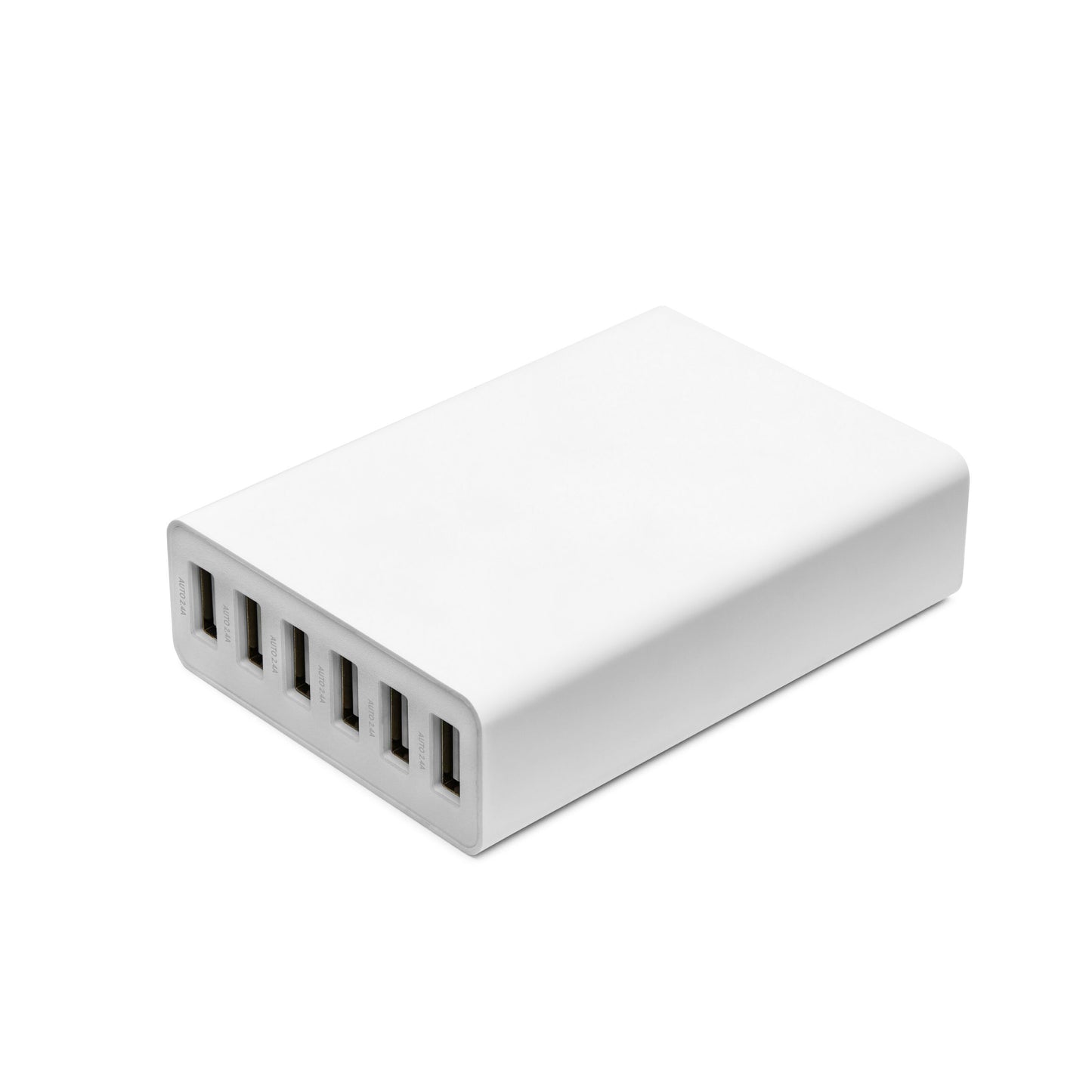 USB-opladestation med 6 USB-porte, rektangulært design, farve hvid.